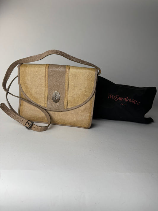 Sac vintage en toile et cuir Yves Saint Laurent beige marron