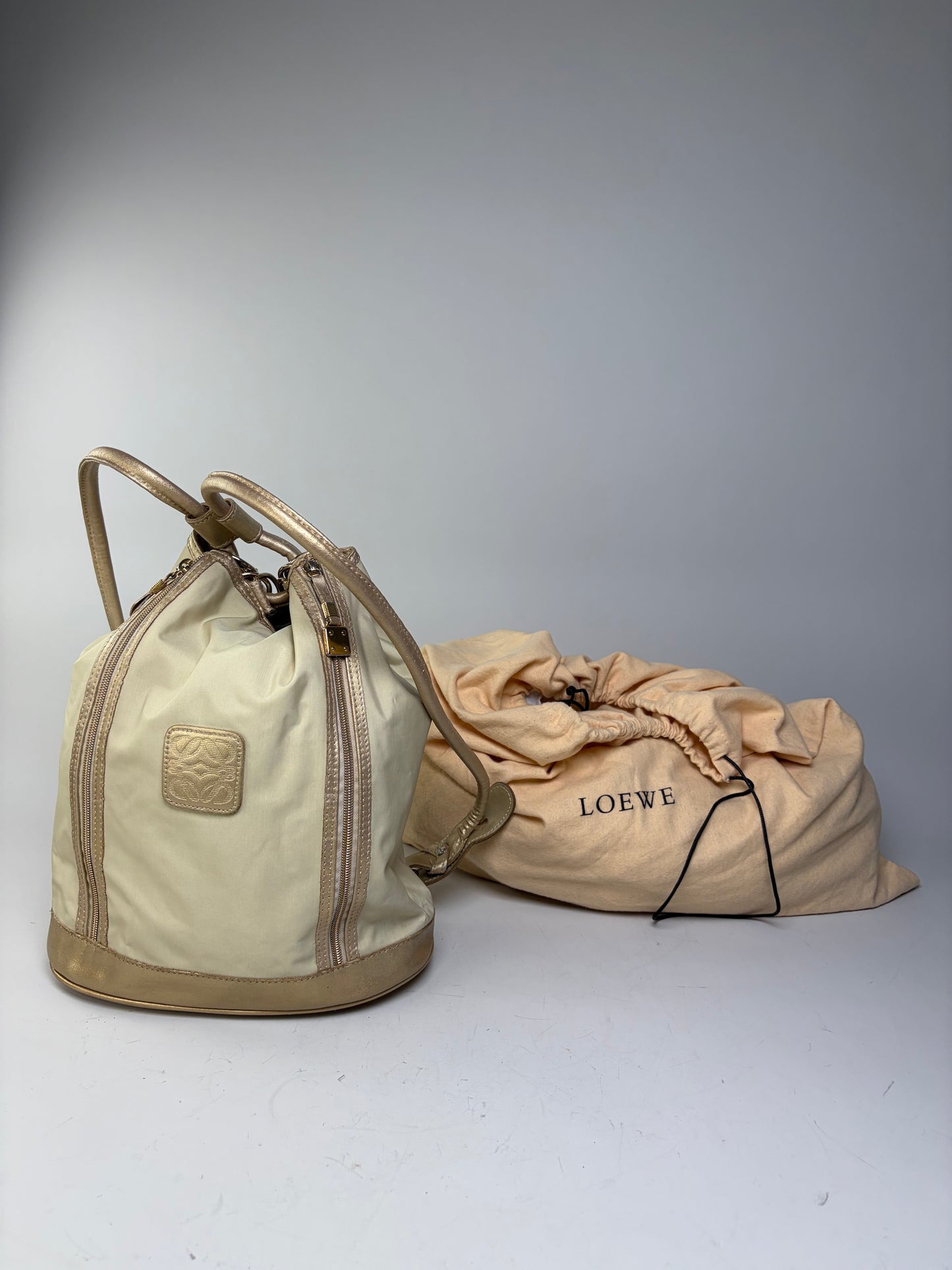 Vintage Loewe Drawstring Canvas Backpack Cream Gold