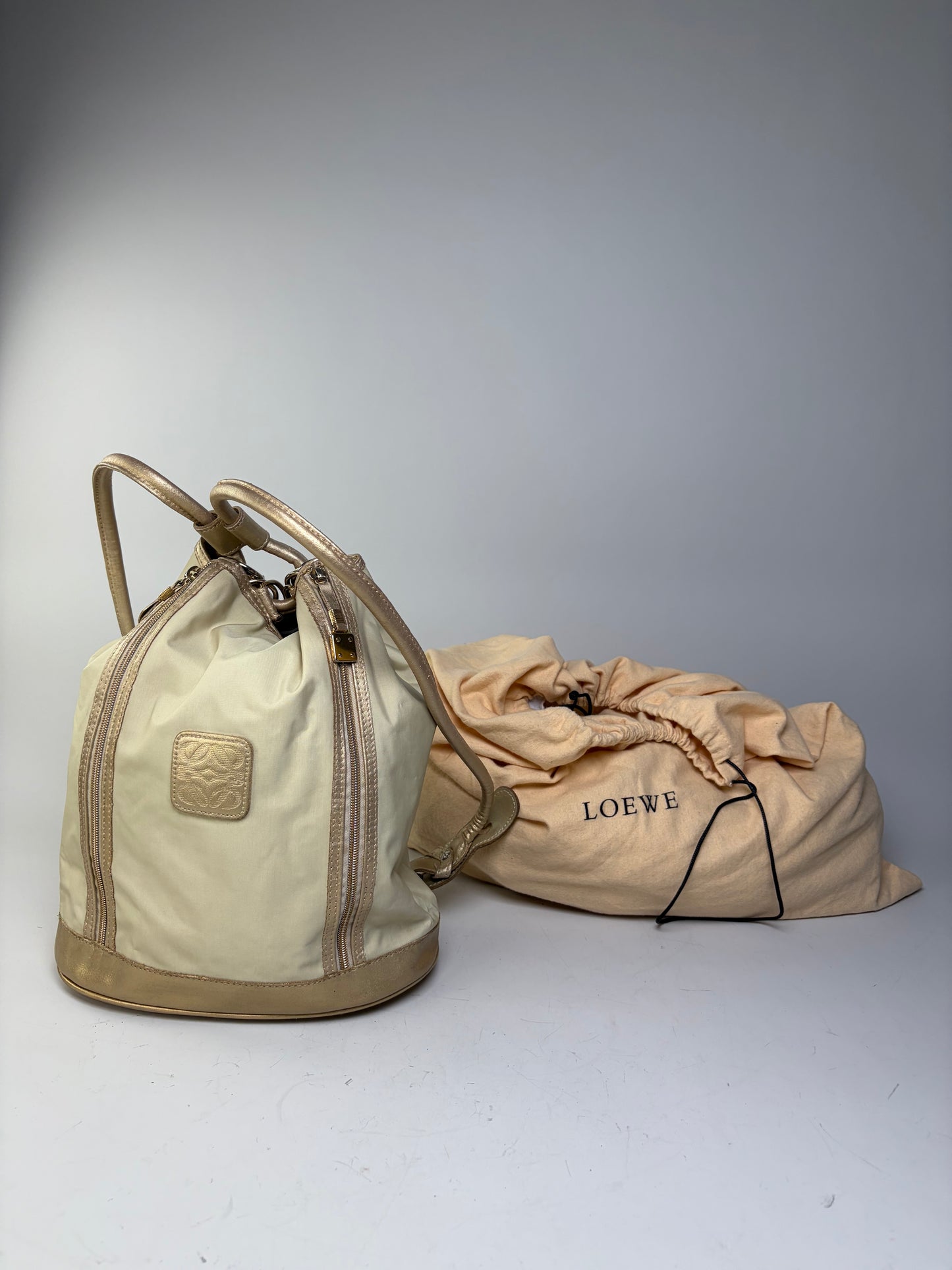 Vintage Loewe Drawstring Canvas Backpack Cream Gold