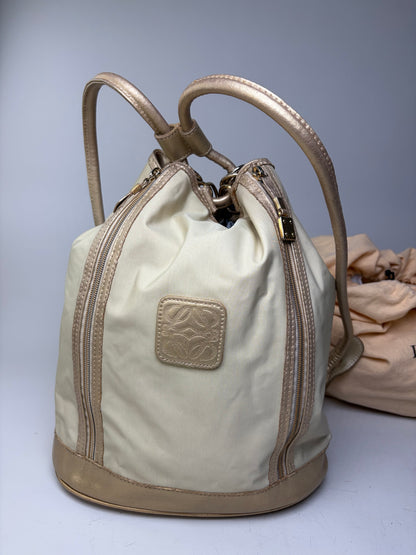 Vintage Loewe Drawstring Canvas Backpack Cream Gold