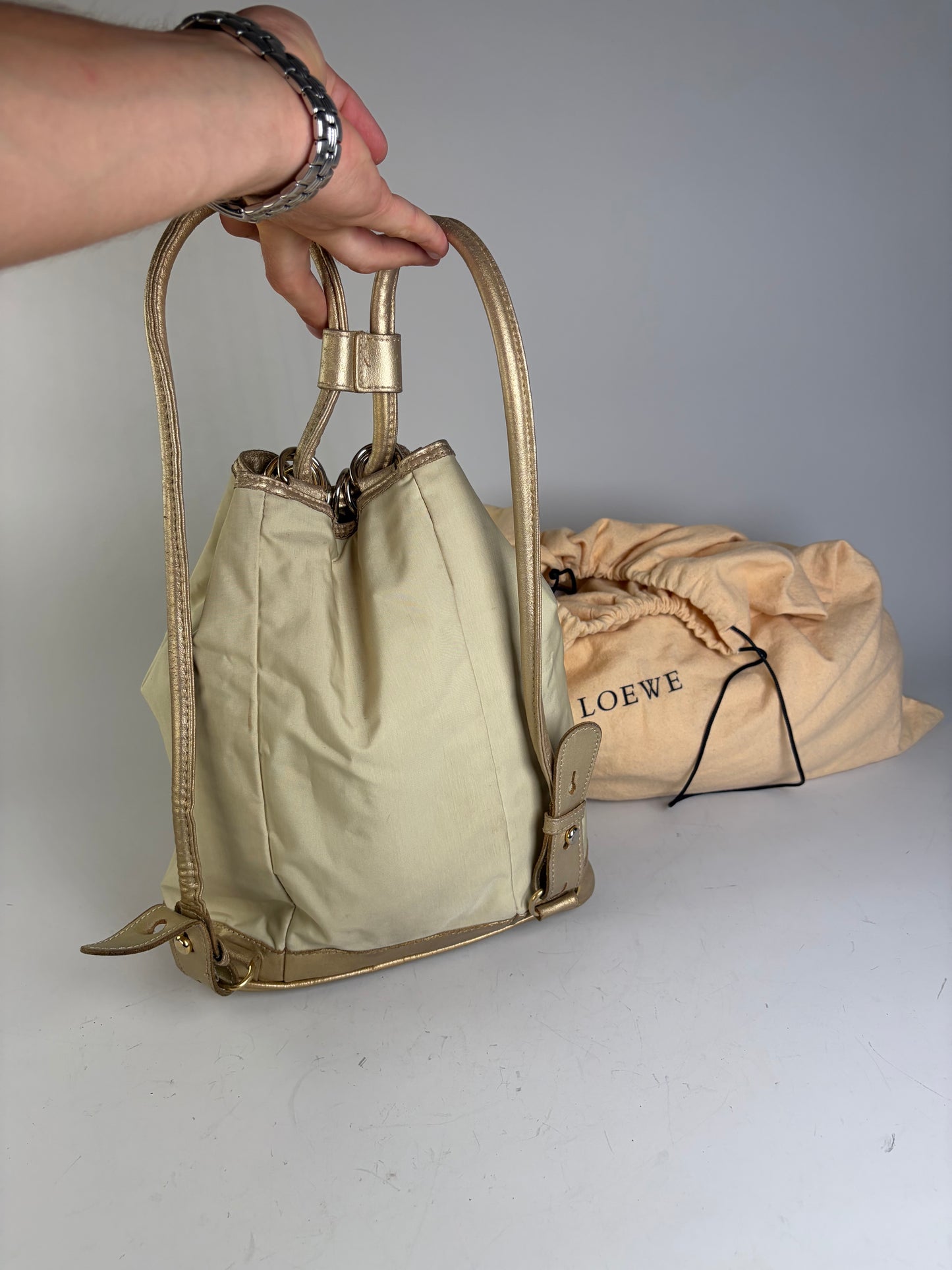 Vintage Loewe Drawstring Canvas Backpack Cream Gold