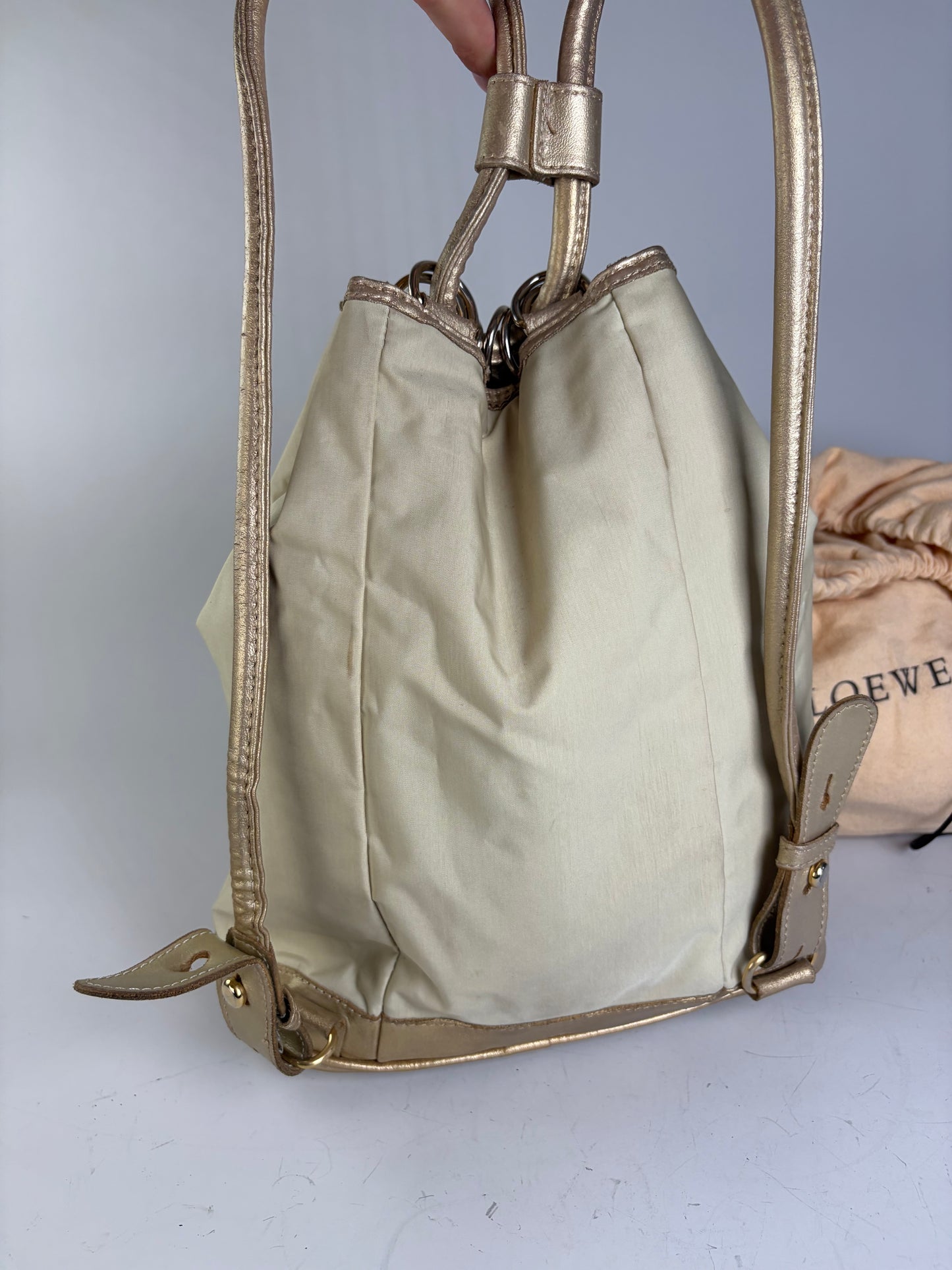 Vintage Loewe Drawstring Canvas Backpack Cream Gold