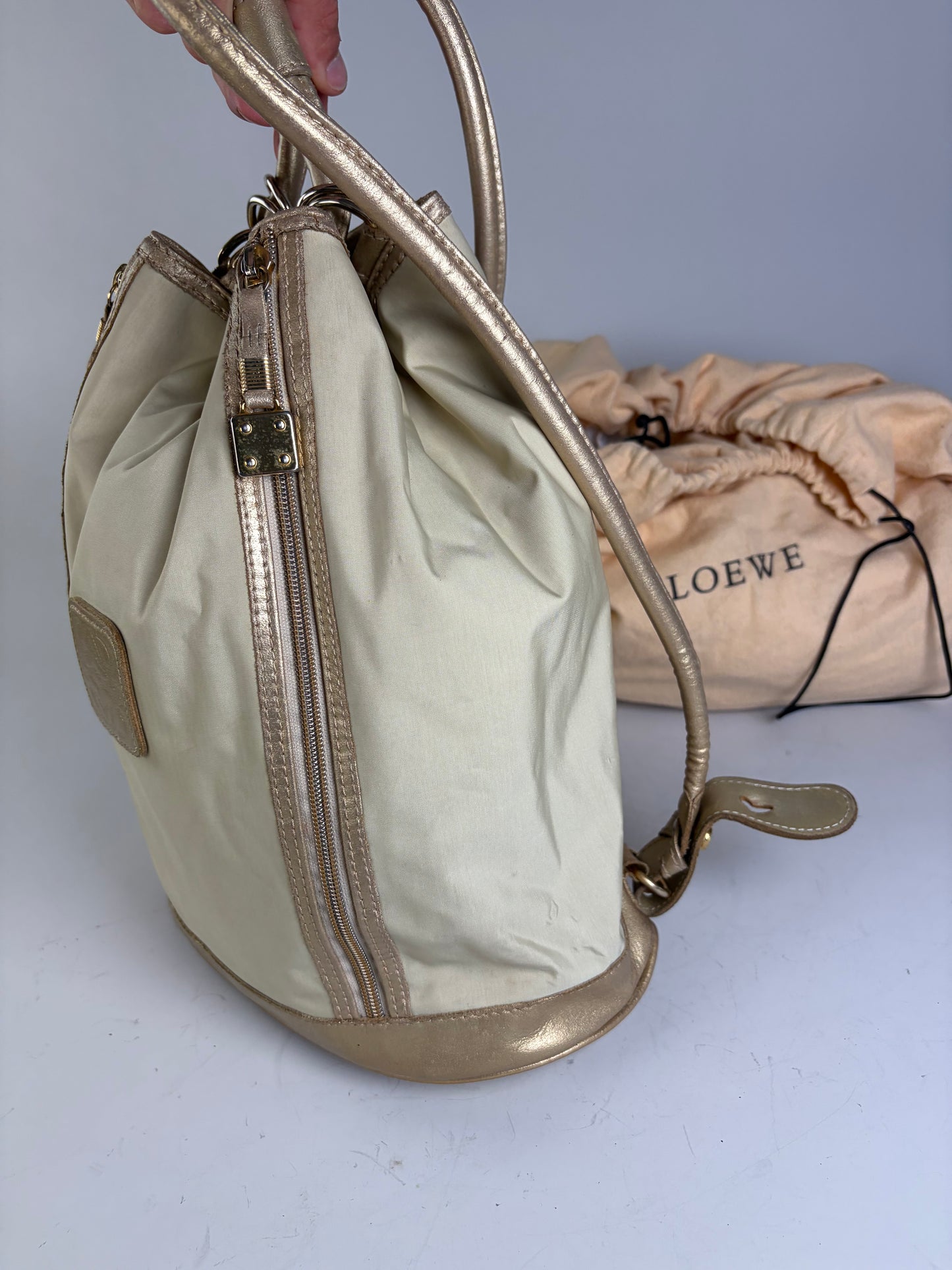 Vintage Loewe Drawstring Canvas Backpack Cream Gold