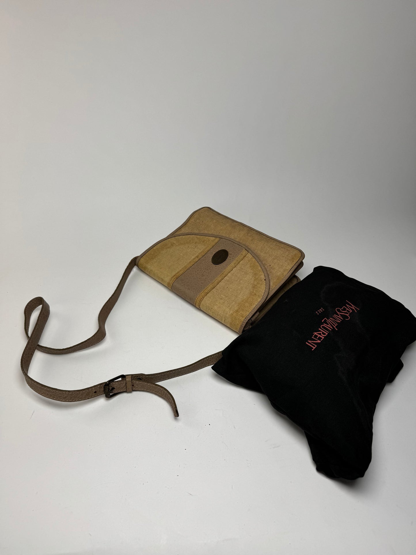 Sac vintage en toile et cuir Yves Saint Laurent beige marron