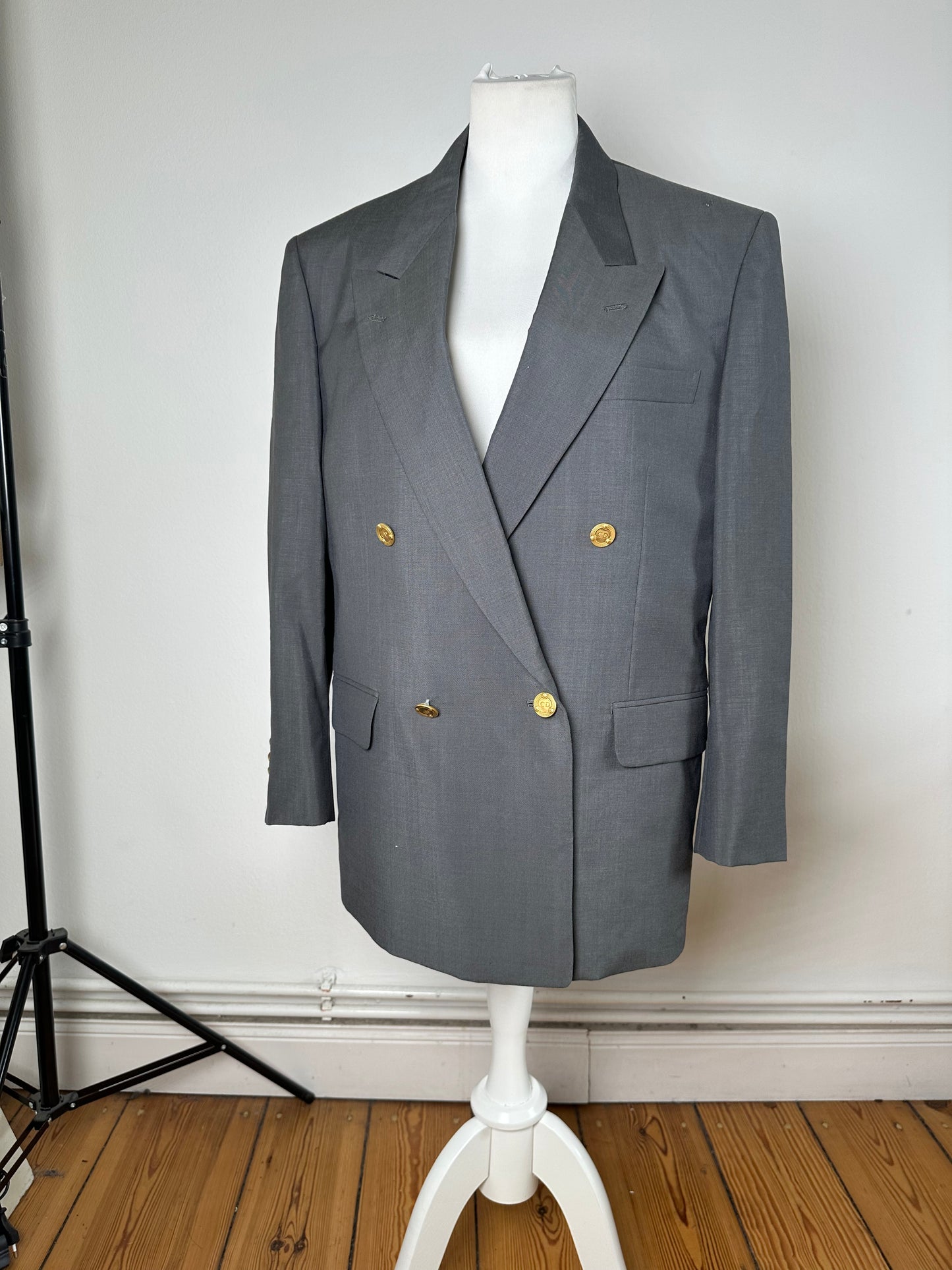 Vintage Dior Wool Blazer Gray Gold Buttons M