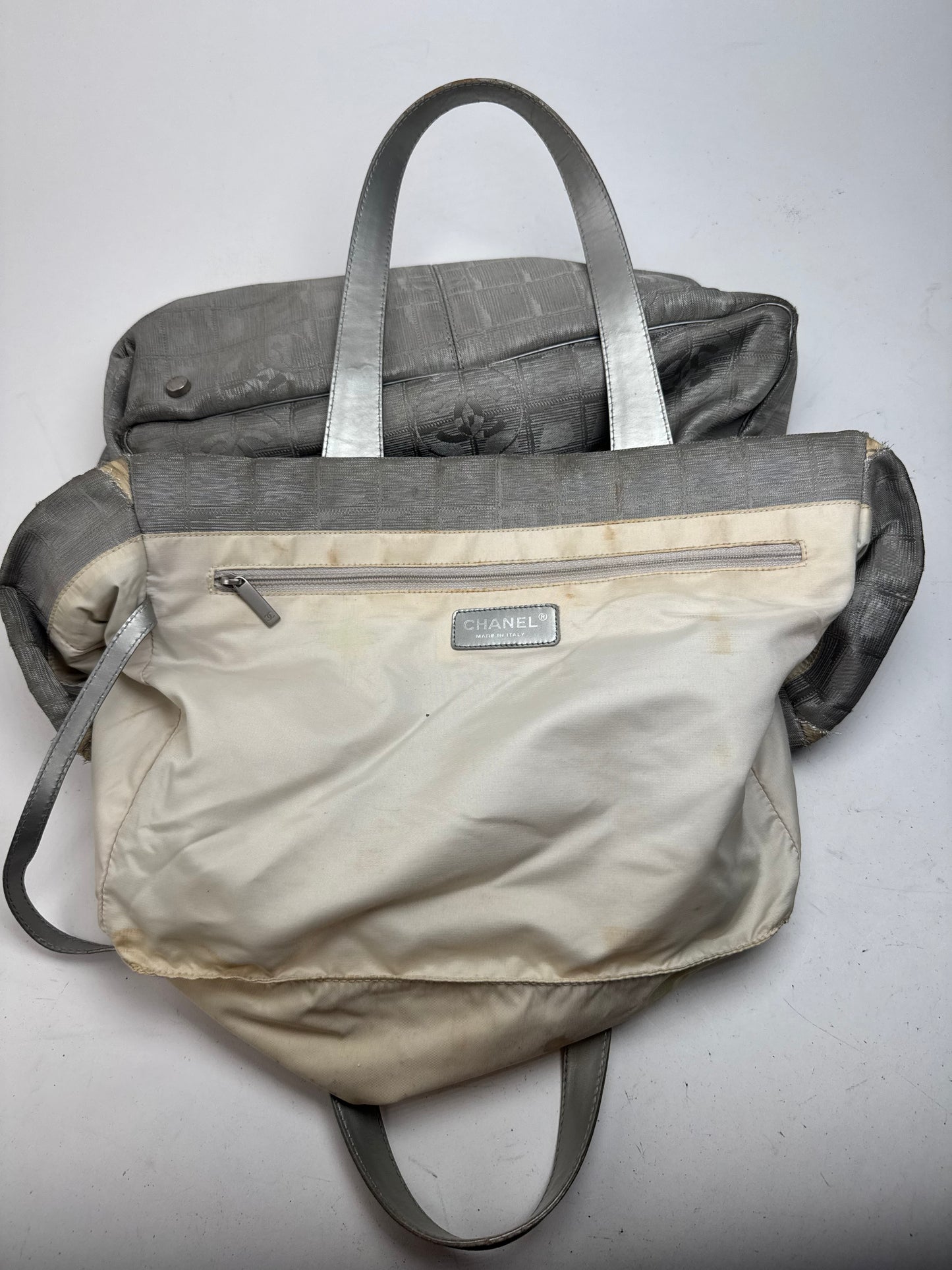 Vintage Chanel Monogram Canvas Leather tote bag silver