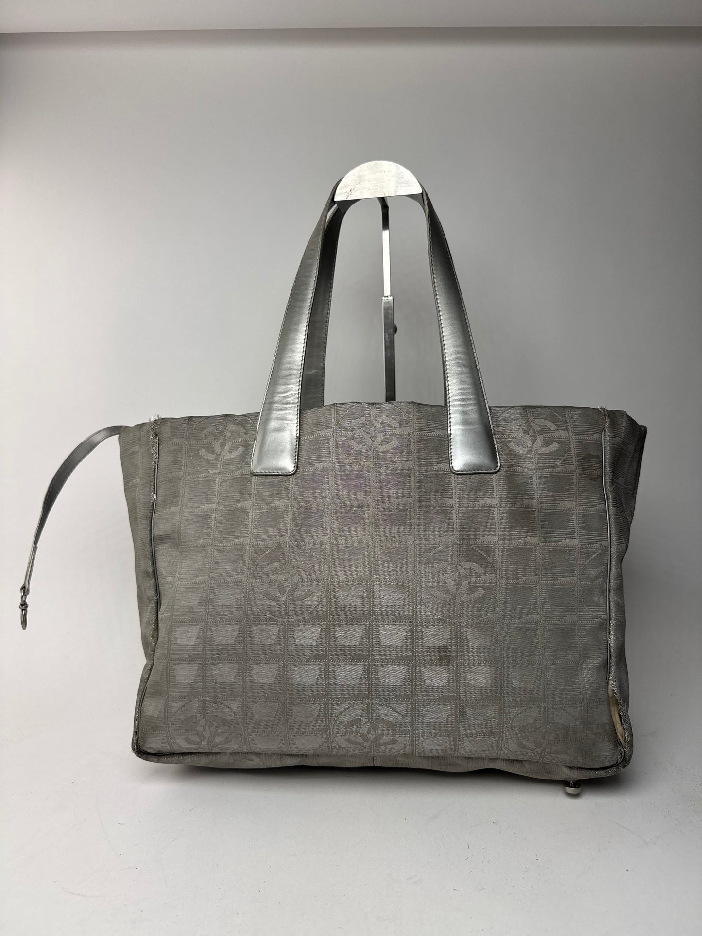 Vintage Chanel Monogram Canvas Leather tote bag silver