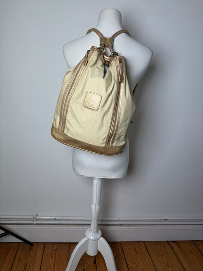 Vintage Loewe Drawstring Canvas Backpack Cream Gold