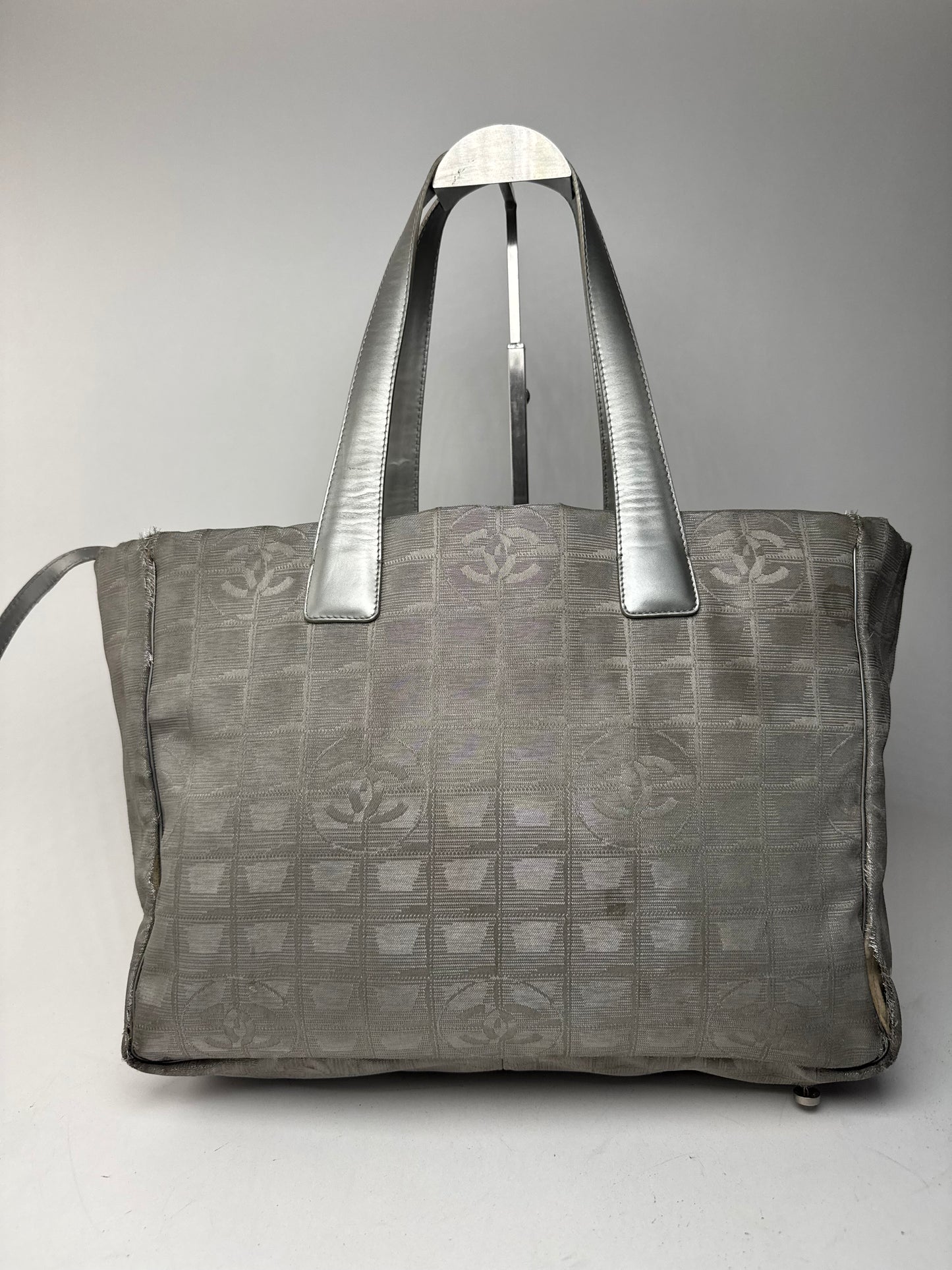 Vintage Chanel Monogram Canvas Leather tote bag silver