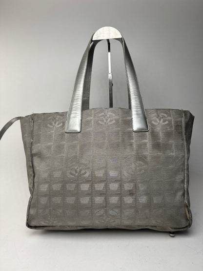Vintage Chanel Monogram Canvas Leather tote bag silver