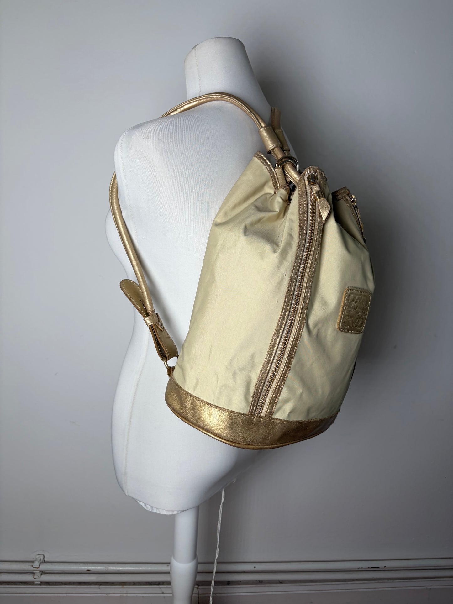 Vintage Loewe Drawstring Canvas Backpack Cream Gold