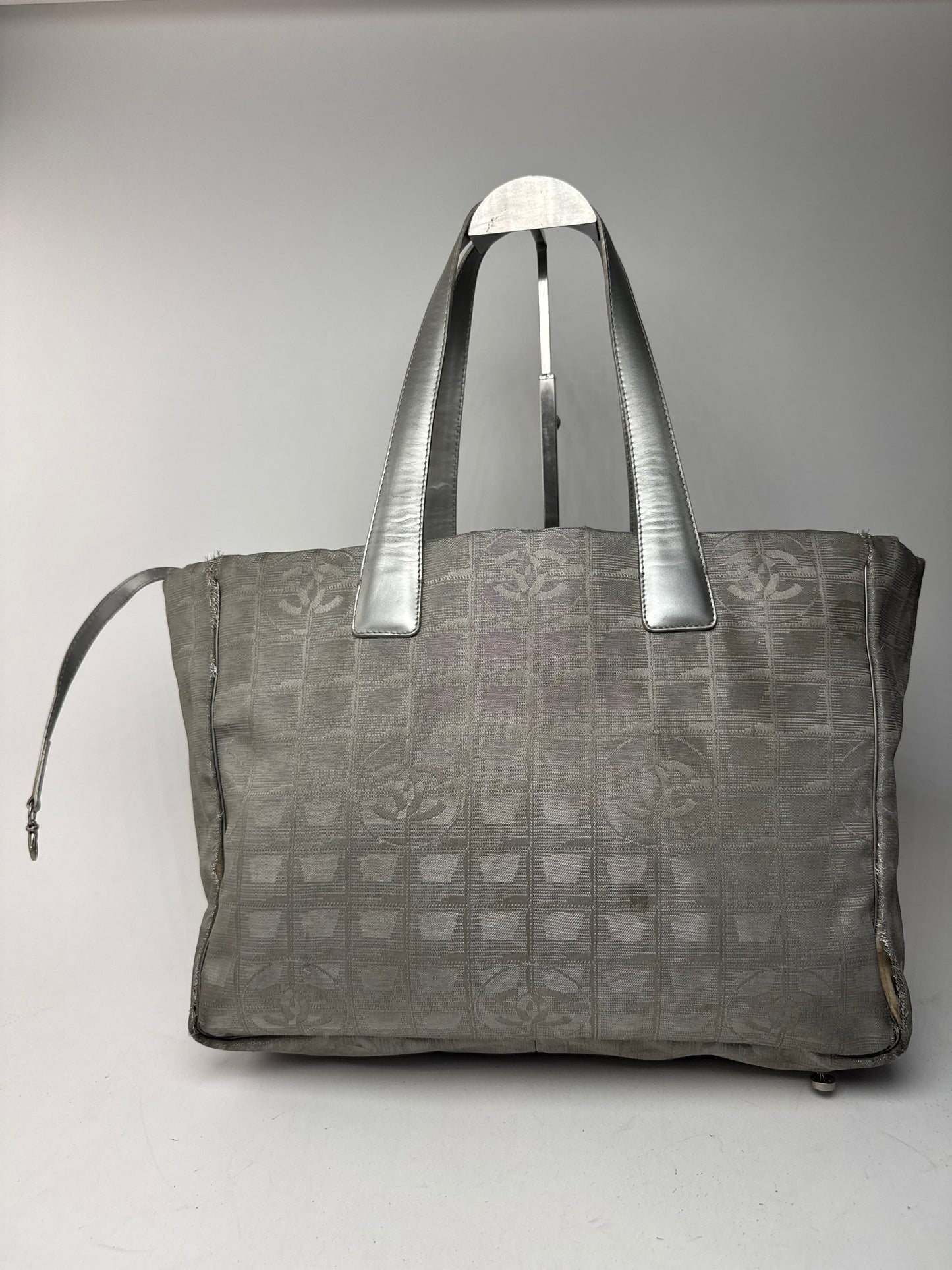 Vintage Chanel Monogram Canvas Leather tote bag silver