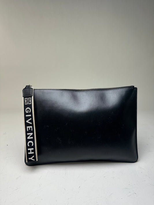 Vintage Givenchy Logo Leather Clutch Black Silver