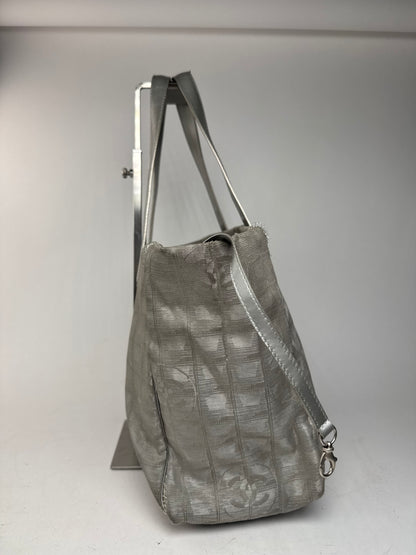 Vintage Chanel Monogram Canvas Leather tote bag silver
