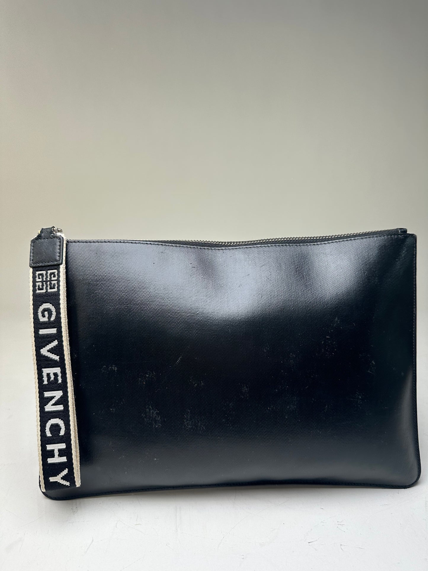 Vintage Givenchy Logo Leather Clutch Black Silver