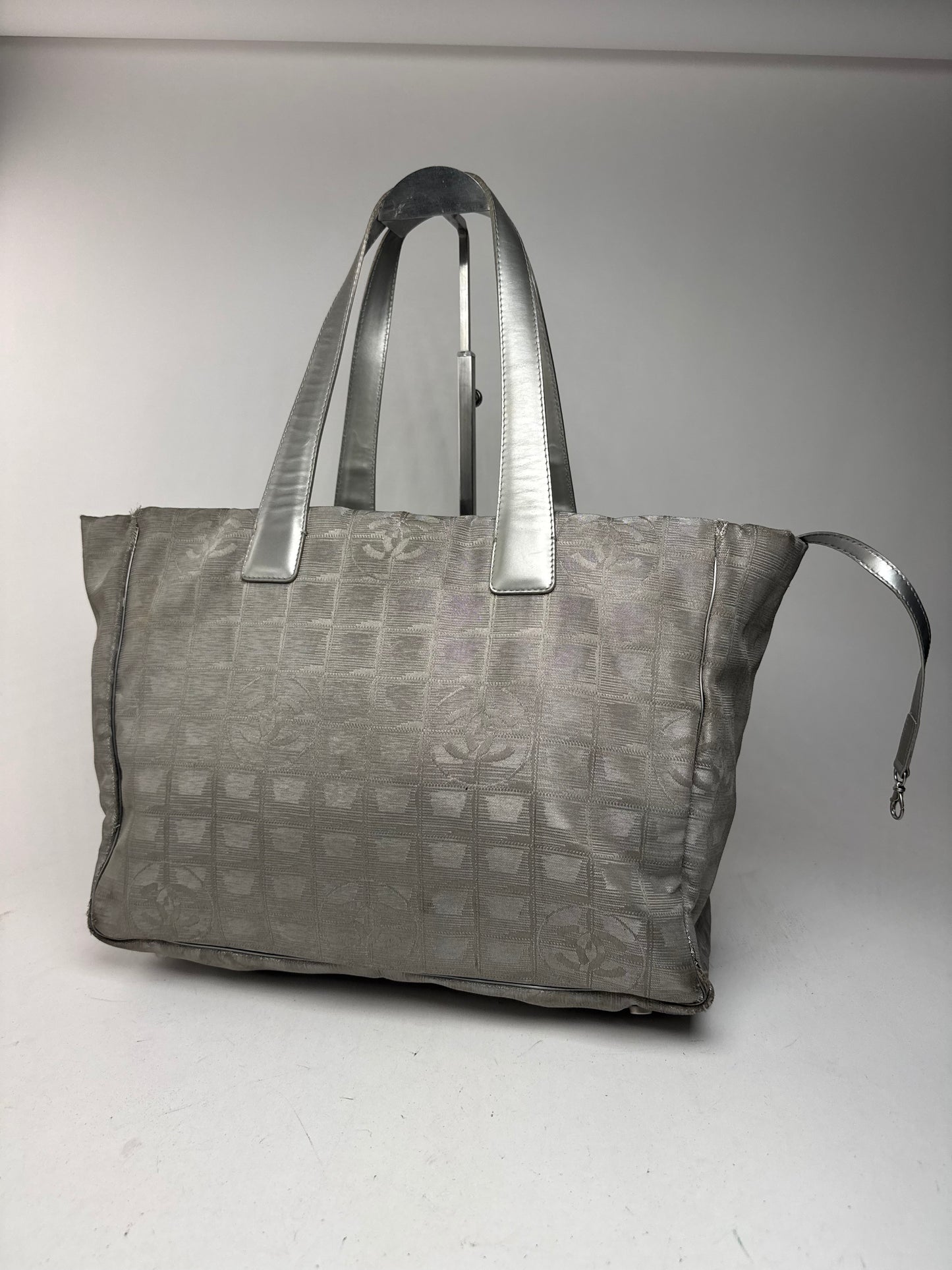 Vintage Chanel Monogram Canvas Leather tote bag silver