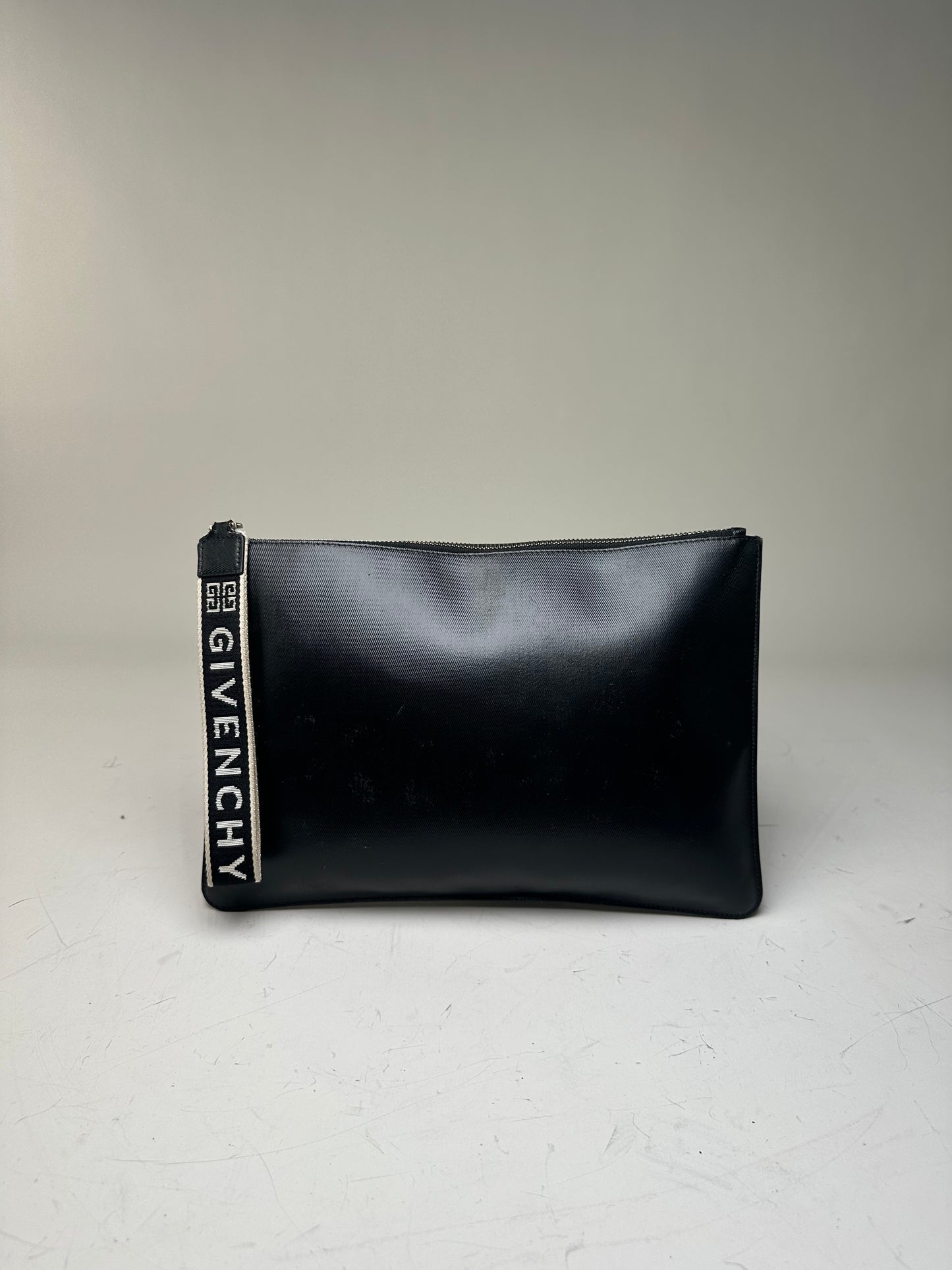 Vintage Givenchy Logo Leather Clutch Black Silver