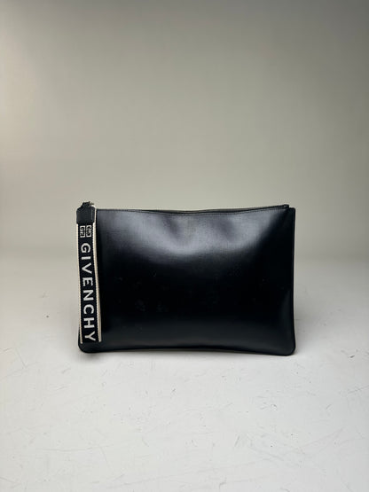 Vintage Givenchy Logo Leather Clutch Black Silver