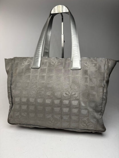 Vintage Chanel Monogram Canvas Leather tote bag silver