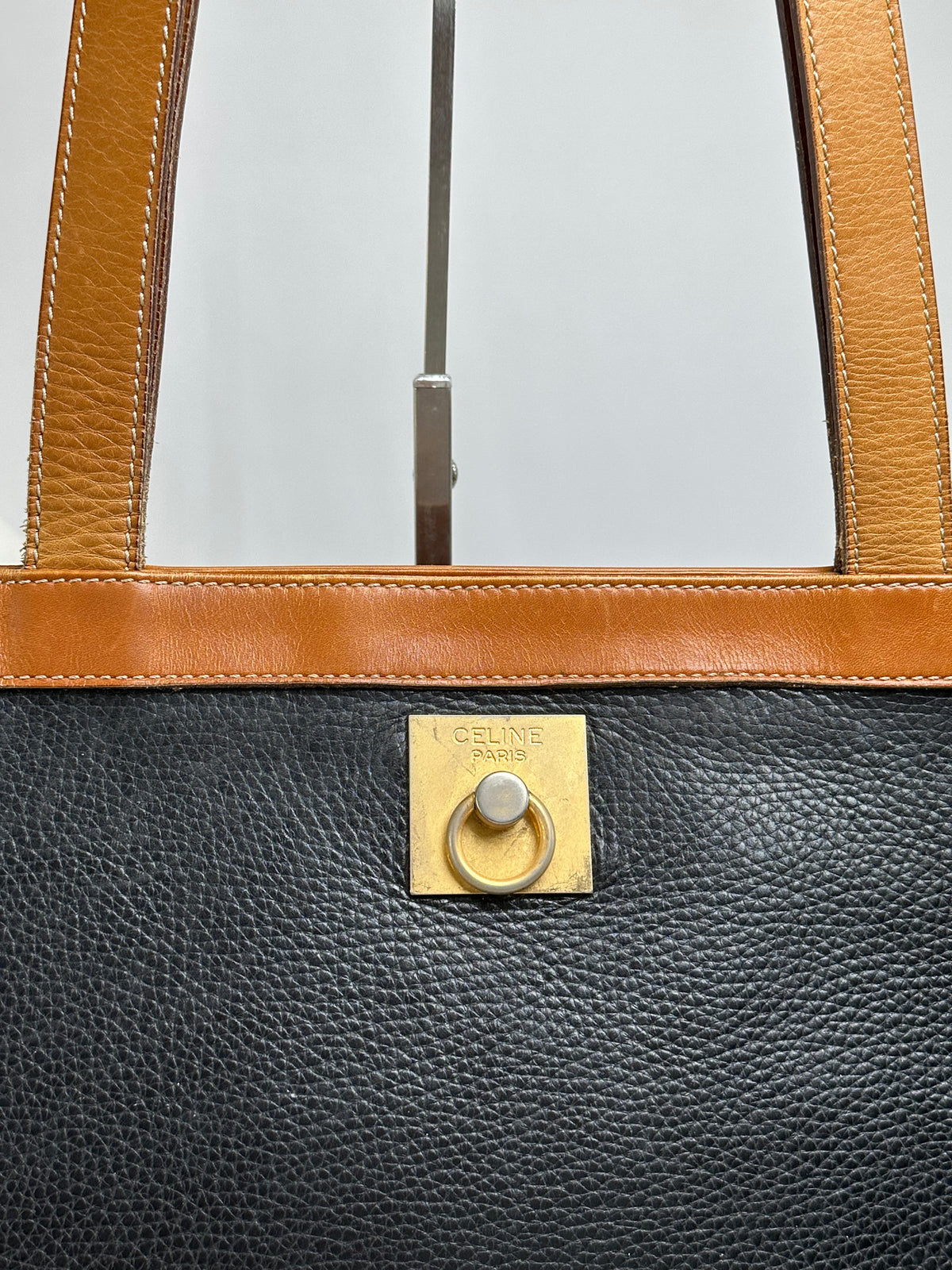 Vintage Celine Structured Pebbled Leather Top-Handle Bag c. 2009 Black Tan