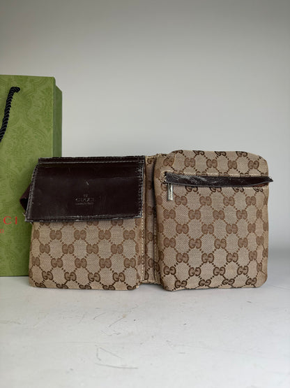 Vintage Gucci GG Canvas Belt Bag Silver Buckle Beige Brown