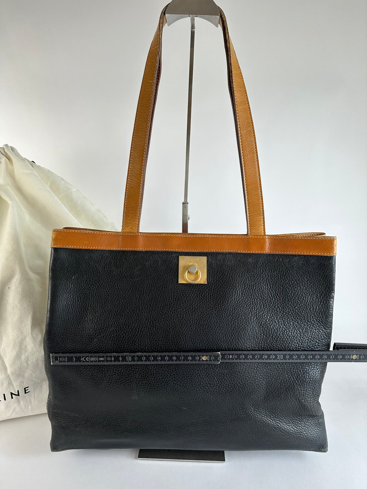 Vintage Celine Structured Pebbled Leather Top-Handle Bag c. 2009 Black Tan