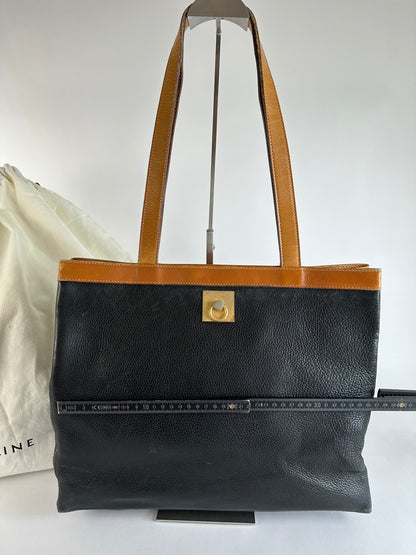 Vintage Celine Structured Pebbled Leather Top-Handle Bag c. 2009 Black Tan