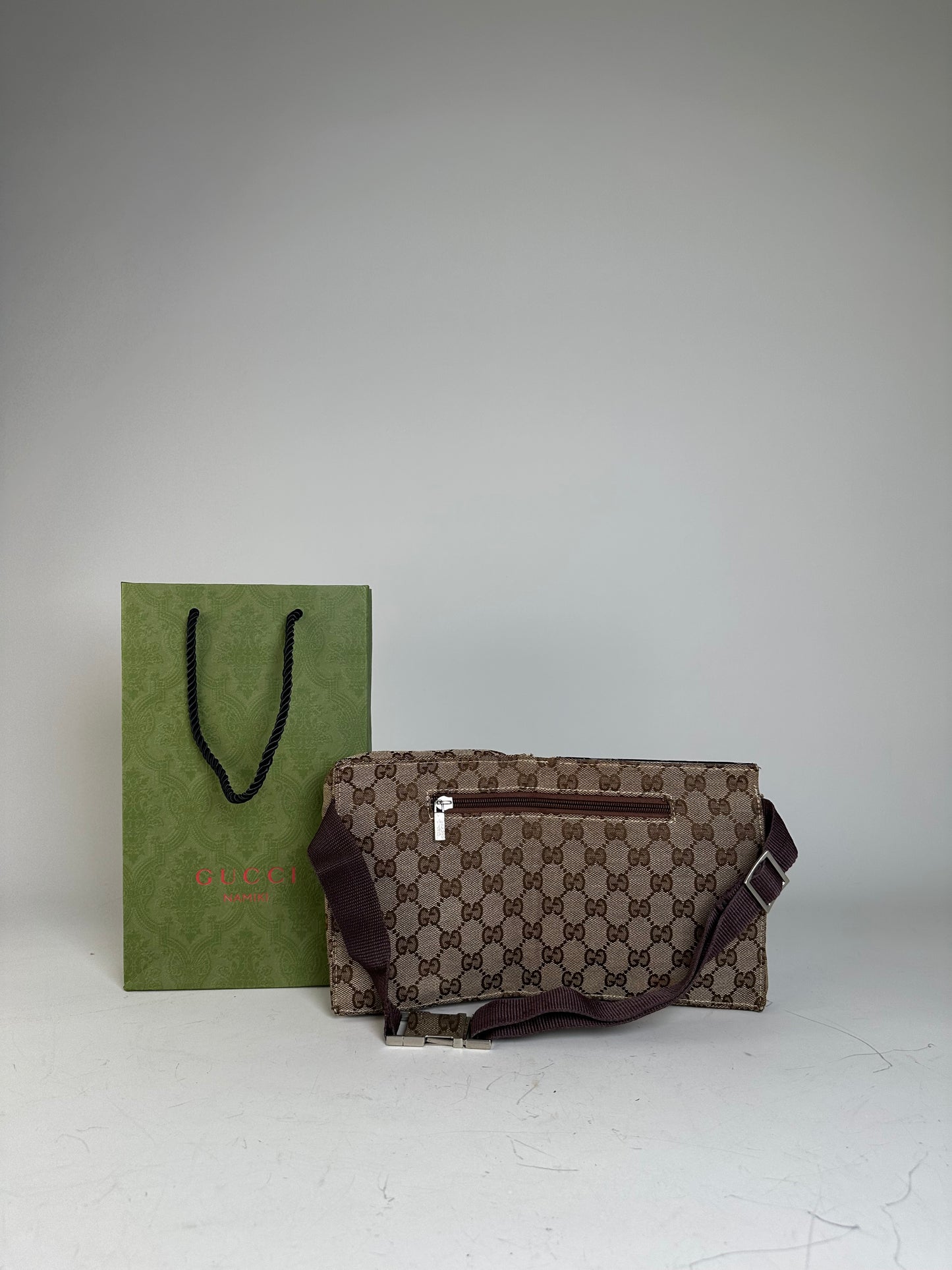 Vintage Gucci GG Canvas Belt Bag Silver Buckle Beige Brown