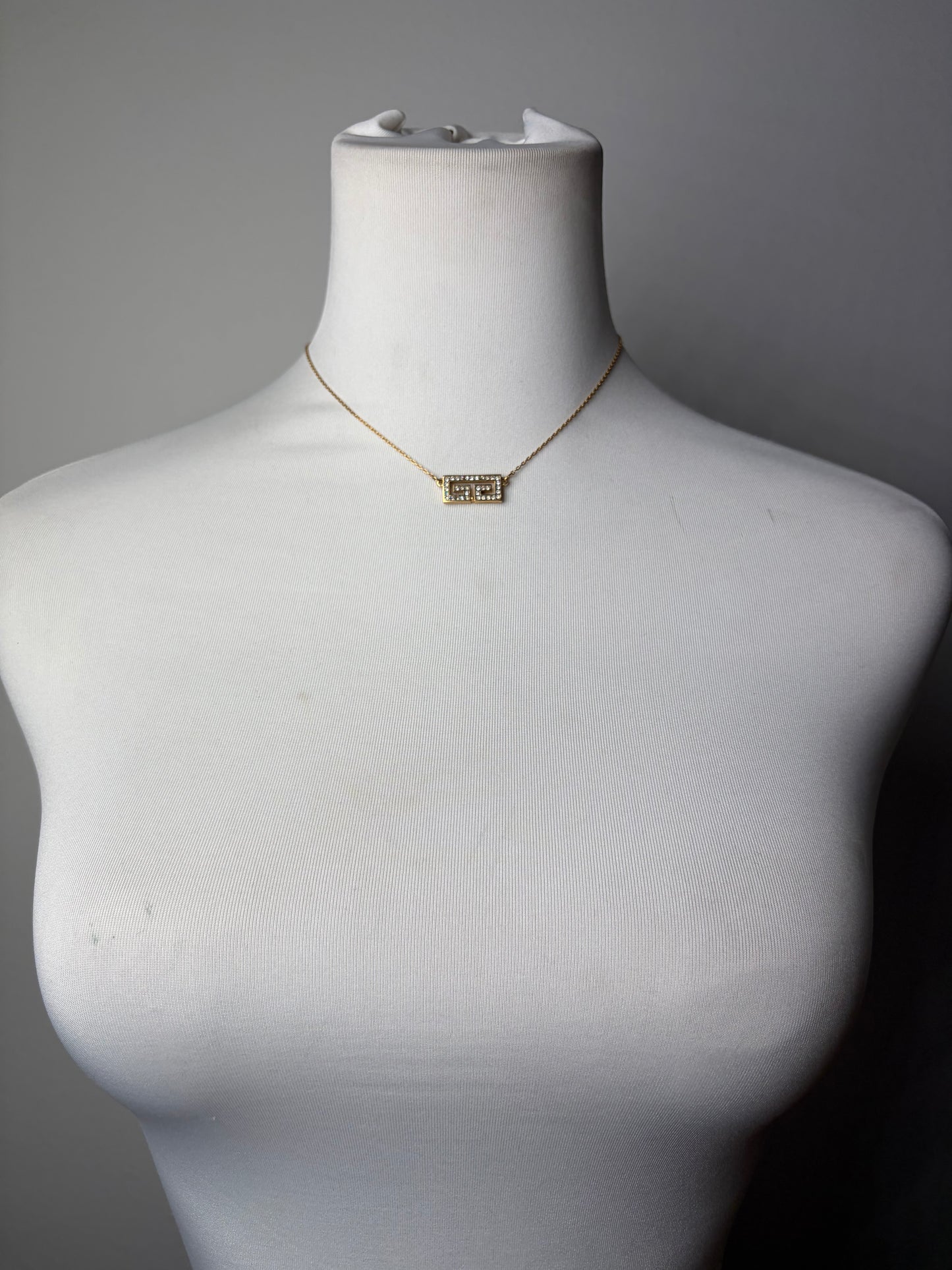 Vintage Givenchy Interlocking G Logo Rhinestone Necklace Gold