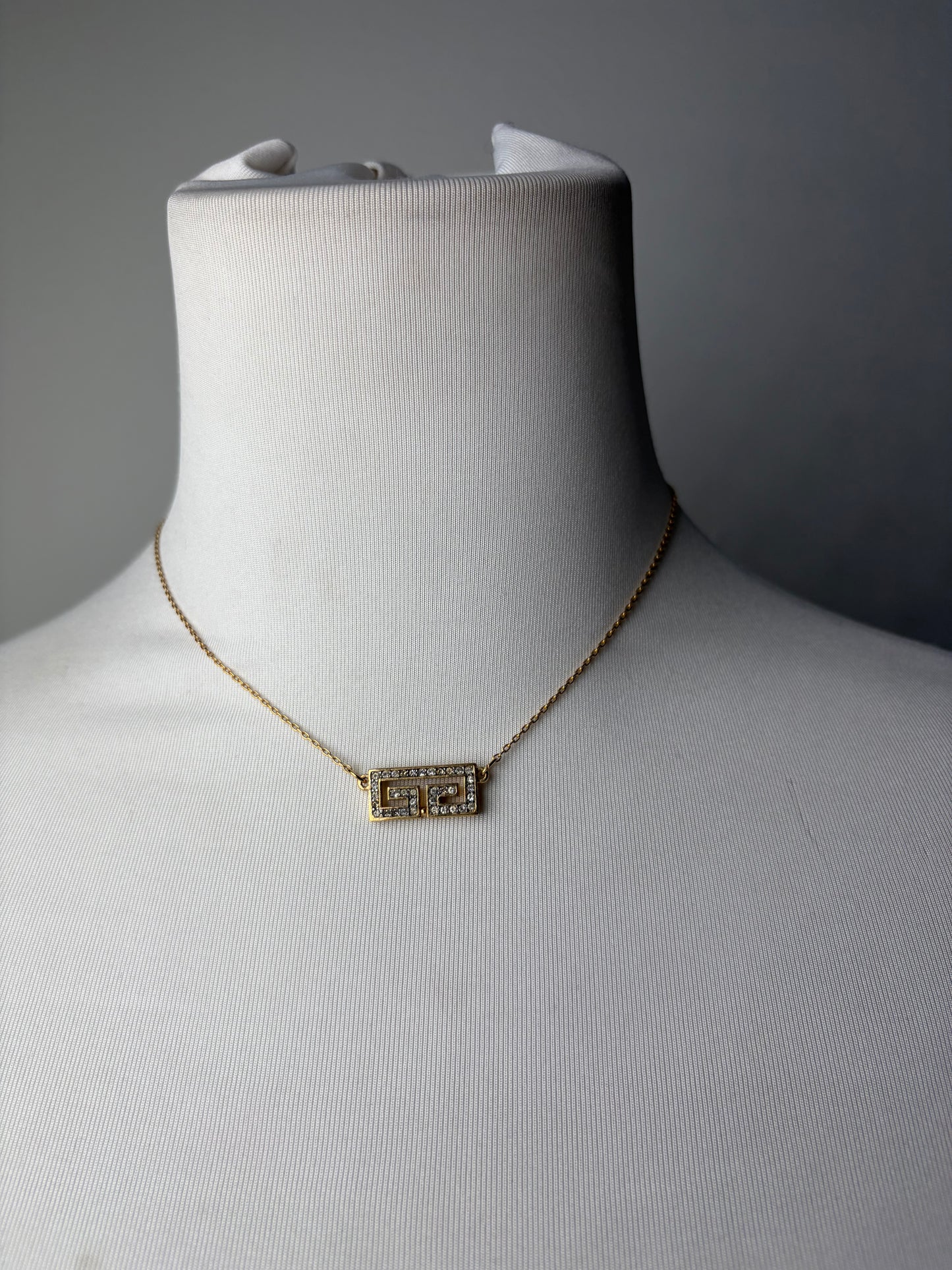 Vintage Givenchy Interlocking G Logo Rhinestone Necklace Gold