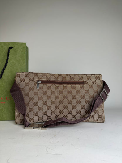 Vintage Gucci GG Canvas Belt Bag Silver Buckle Beige Brown