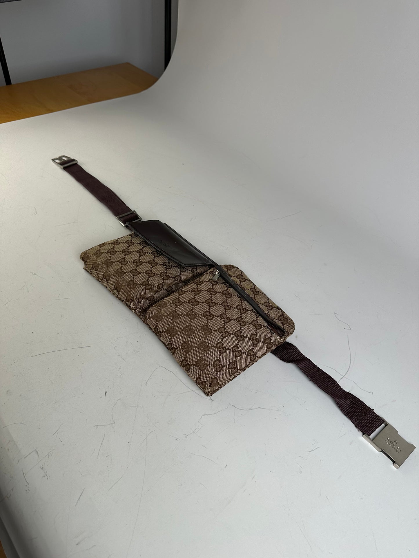 Vintage Gucci GG Canvas Belt Bag Silver Buckle Beige Brown
