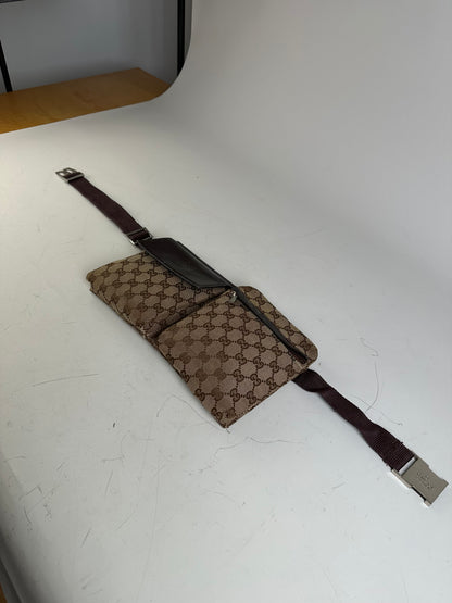 Vintage Gucci GG Canvas Belt Bag Silver Buckle Beige Brown