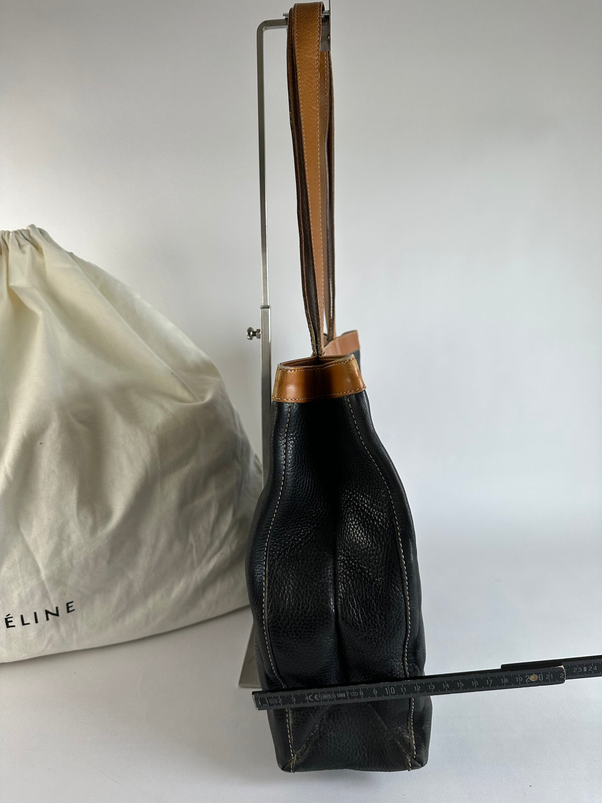 Vintage Celine Structured Pebbled Leather Top-Handle Bag c. 2009 Black Tan