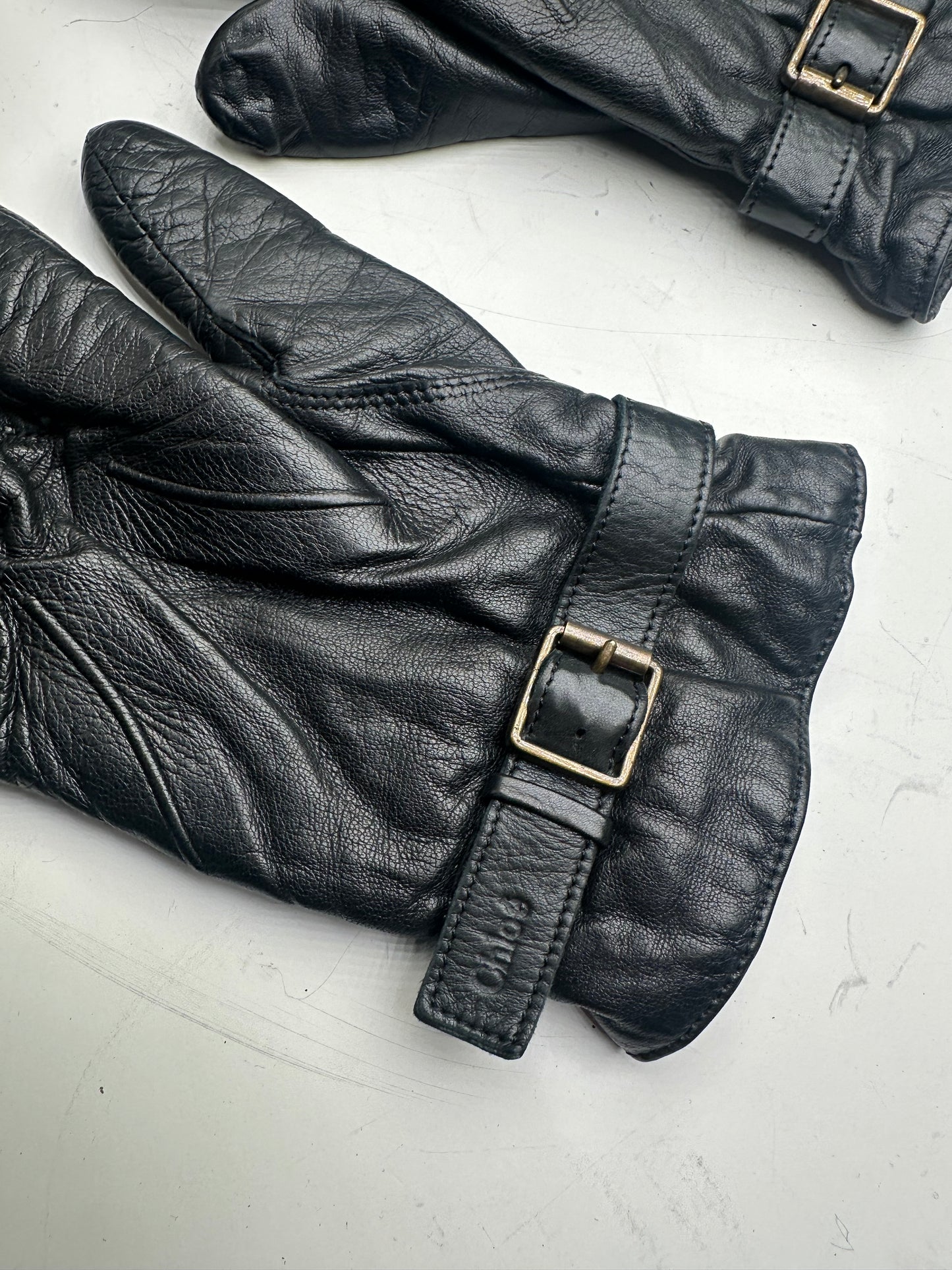 Vintage Chloé Leather Buckle Gloves Black Silver