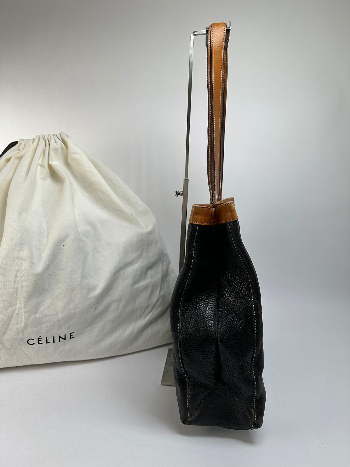 Vintage Celine Structured Pebbled Leather Top-Handle Bag c. 2009 Black Tan