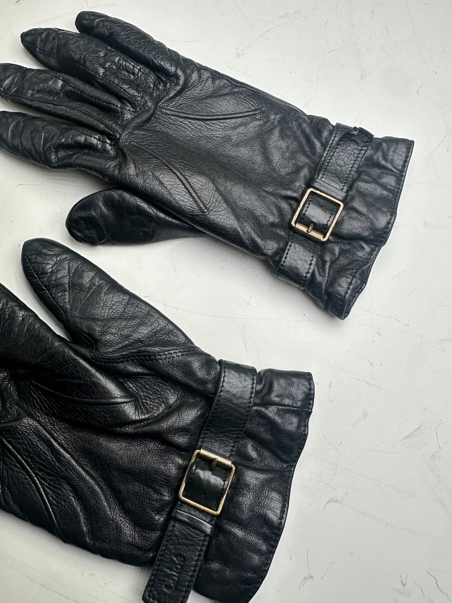 Vintage Chloé Leather Buckle Gloves Black Silver