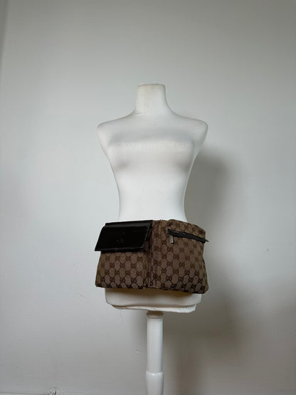 Vintage Gucci GG Canvas Belt Bag Silver Buckle Beige Brown