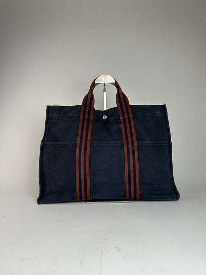 Vintage Hermès Fourre Tout MM Canvas Tote Bag Navy Orange
