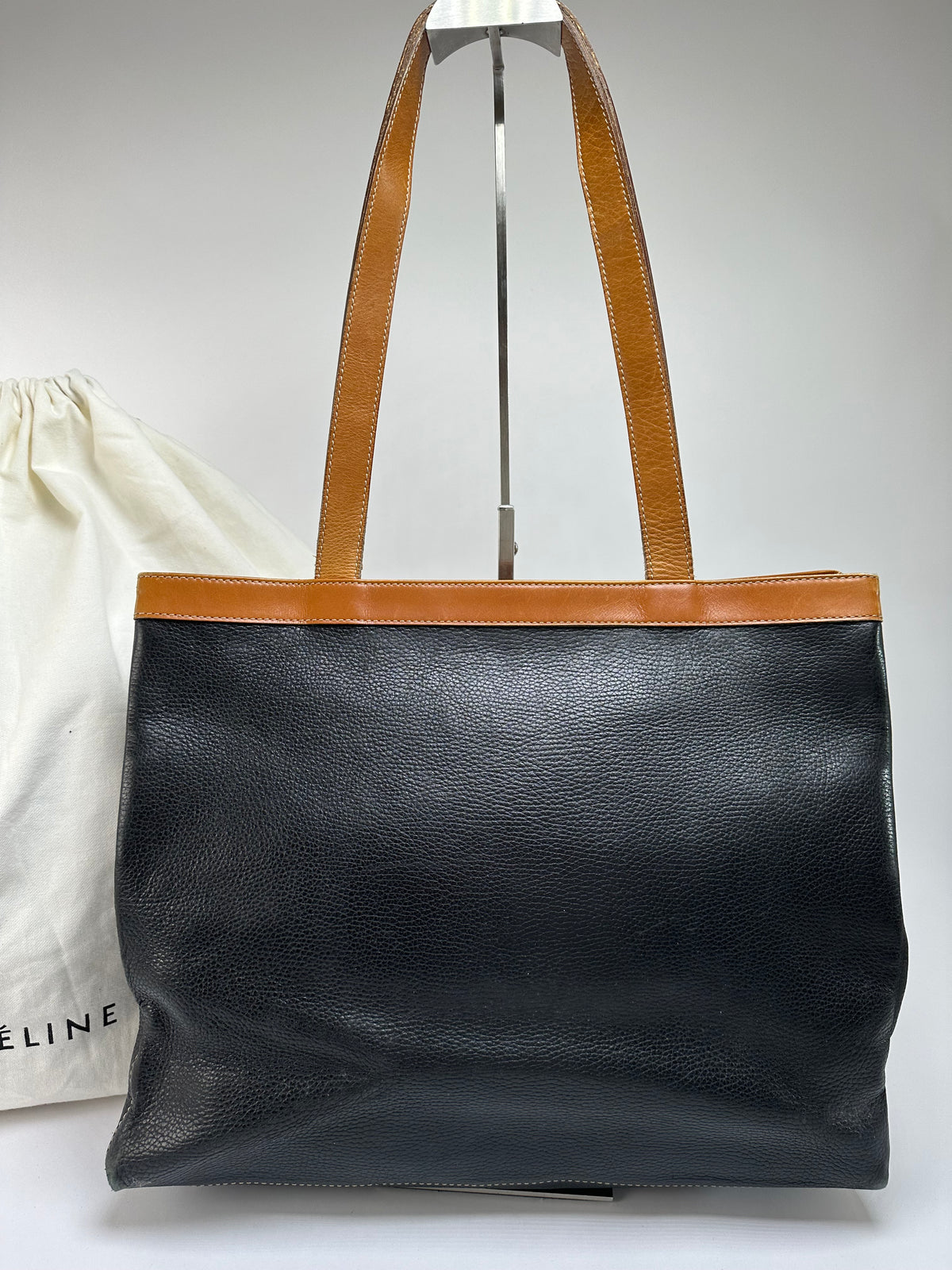 Vintage Celine Structured Pebbled Leather Top-Handle Bag c. 2009 Black Tan