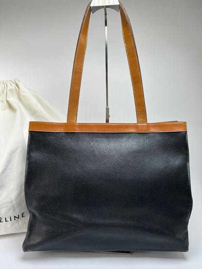 Vintage Celine Structured Pebbled Leather Top-Handle Bag c. 2009 Black Tan