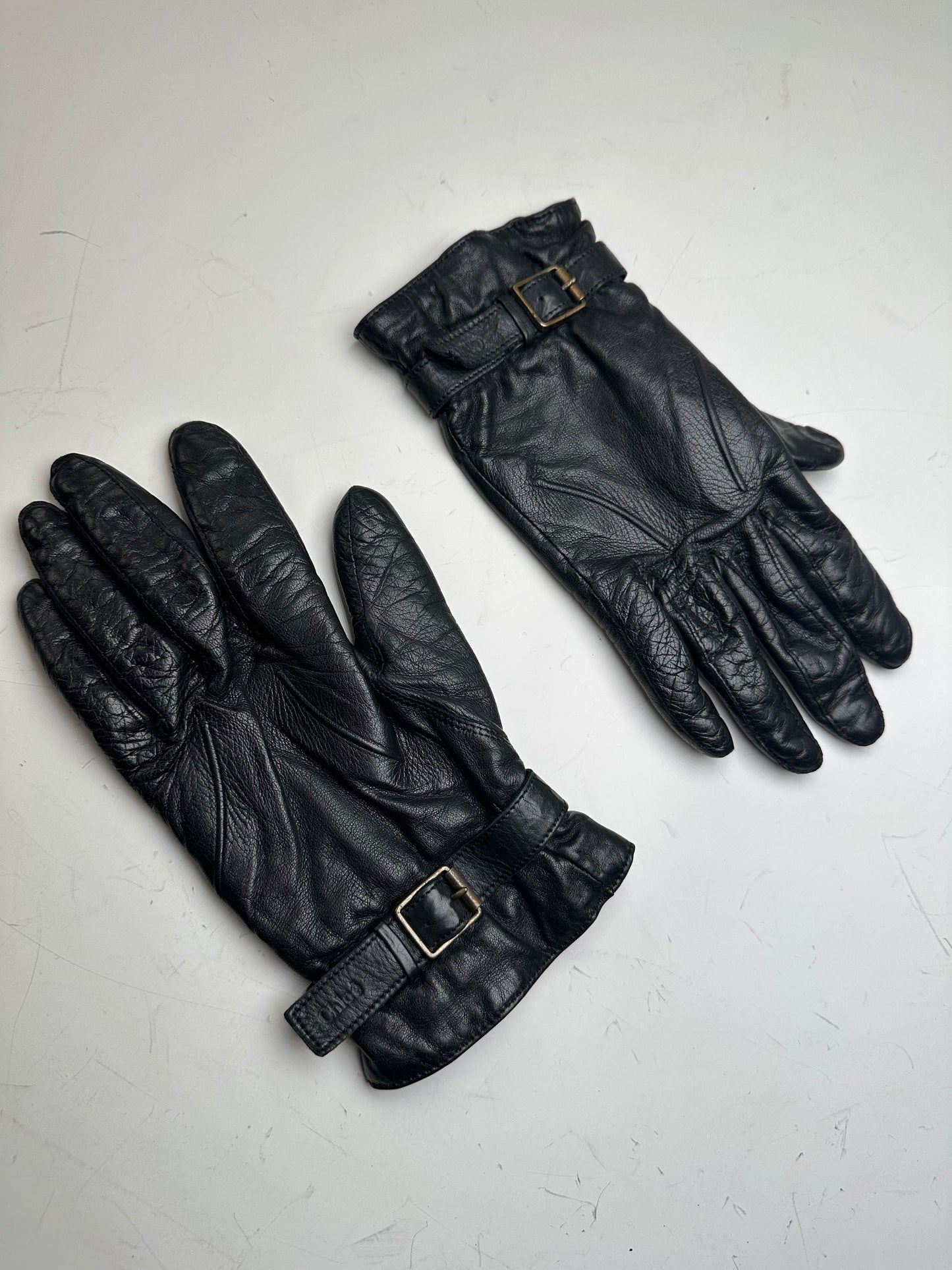 Vintage Chloé Leather Buckle Gloves Black Silver