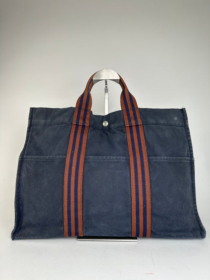 Vintage Hermès Fourre Tout MM Canvas Tote Bag Navy Orange