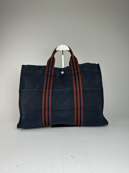 Vintage Hermès Fourre Tout MM Canvas Tote Bag Navy Orange
