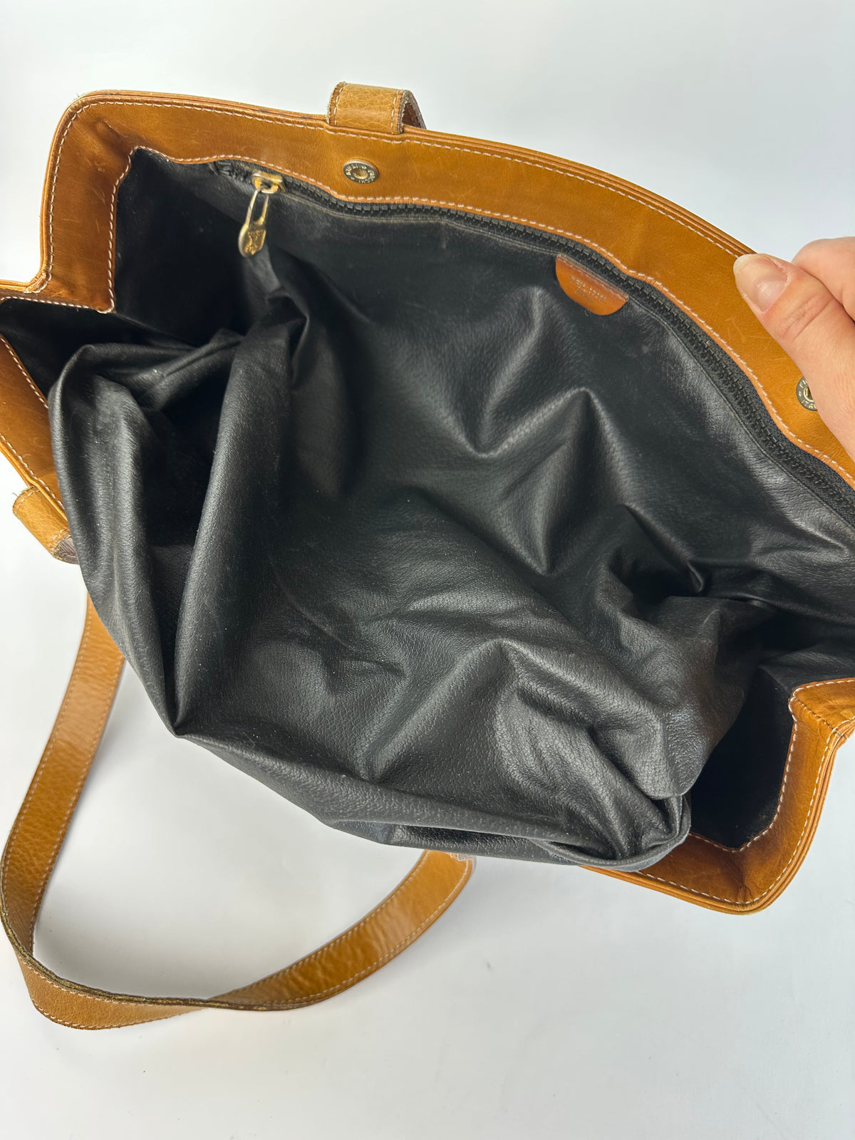 Vintage Celine Structured Pebbled Leather Top-Handle Bag c. 2009 Black Tan