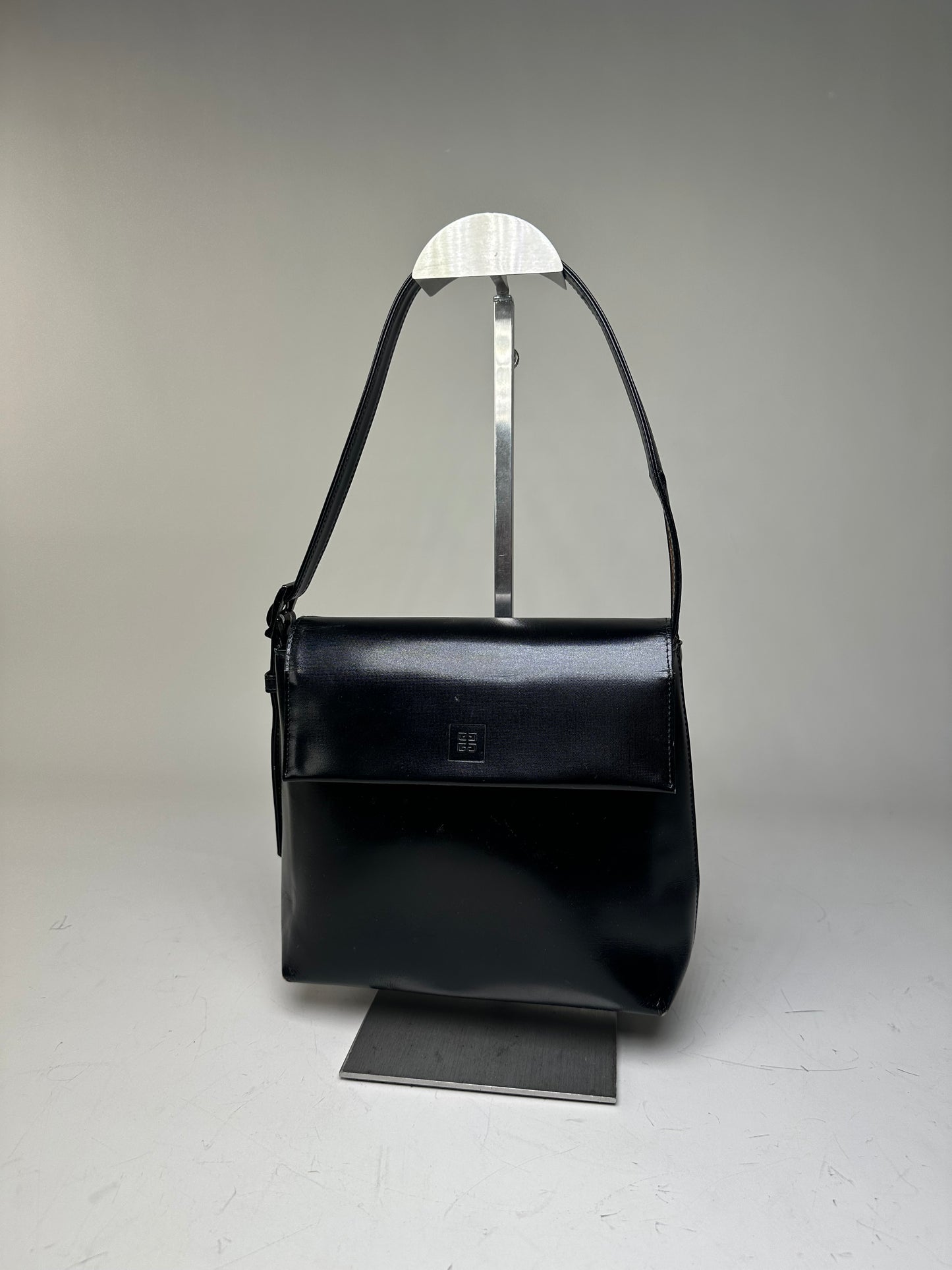 Vintage Givenchy Leather Shoulder Bag Black Silver