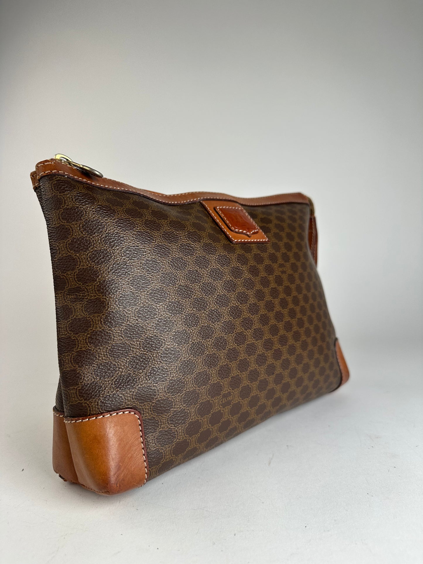Vintage Celine Paris Monogram Leather Clutch Brown