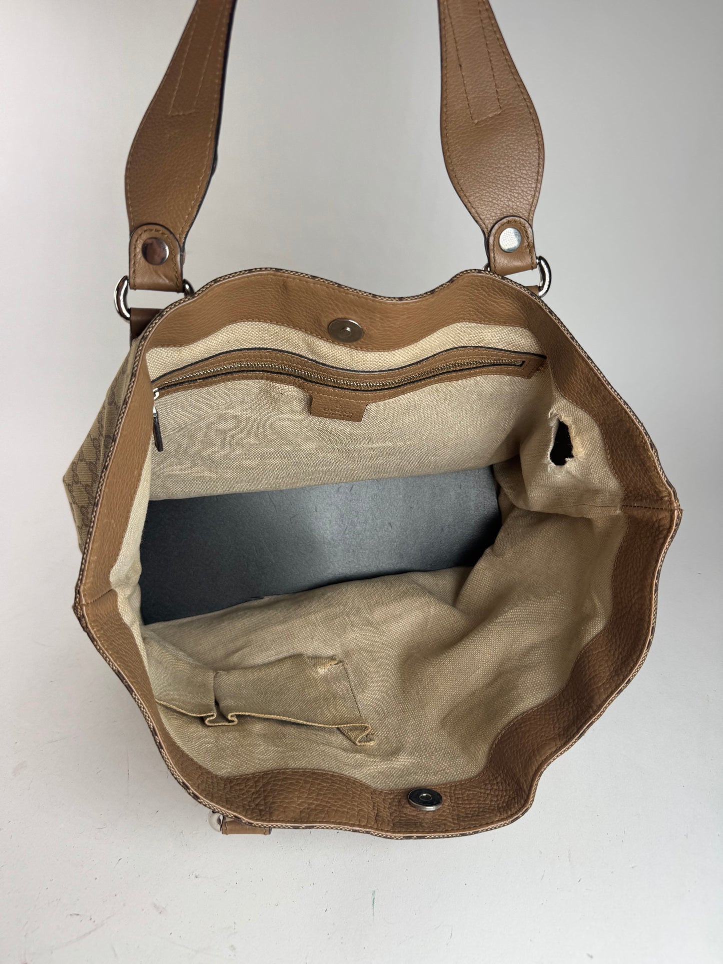 Vintage Gucci Monogram Canvas Sac cabas en cuir beige Horsebit