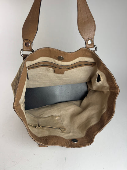 Vintage Gucci Monogram Canvas Sac cabas en cuir beige Horsebit