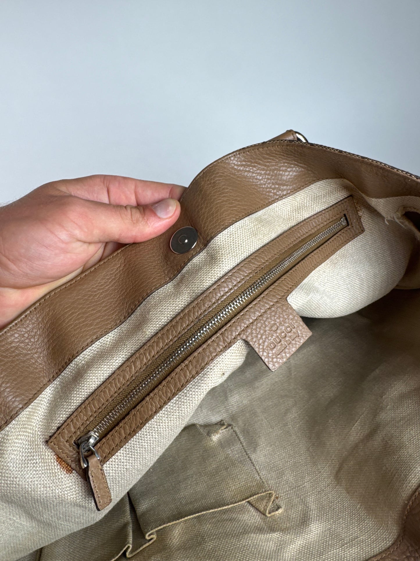 Vintage Gucci Monogram Canvas Sac cabas en cuir beige Horsebit